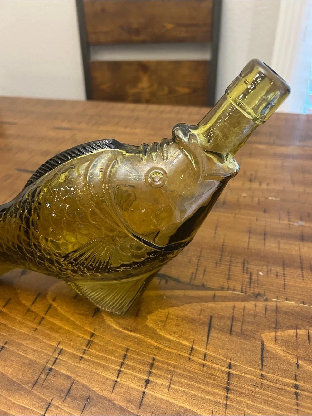 Vtg Art Glass Amber Fish Decanter Cork Barware Nautical Beach House 10”
